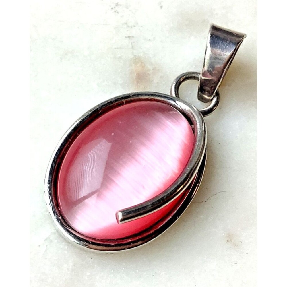 925 Pendant Mexico Pink Iridescent Stone Heavy Sterling Silver Necklace Charm